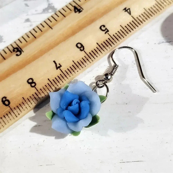 Hand Crafted Fimo Polymer Clay Blue Rose Flower Bead Dangle Earrings - Picture 5 of 5